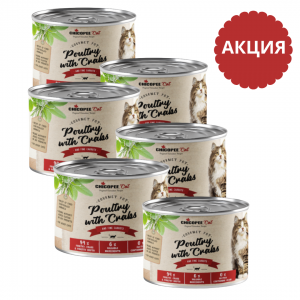 Консерва Чикопи для взрослых котов (домашняя птица с крабом) с мелкой морковью 195гр*6