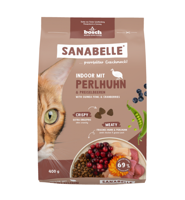 Sanabelle Indoor mit Perlhuhn & Preiselbeeren ( Индор с цесаркой)- для домашних кошек + игрушка, 0,4кг