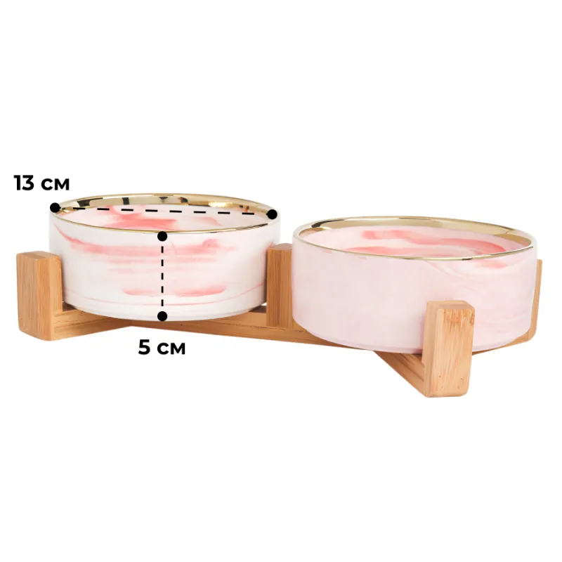 Миска керамическая на подставке ДВОЙНАЯ РОЗОВЫЙ МРАМОР/ЗОЛОТО (0.4л)